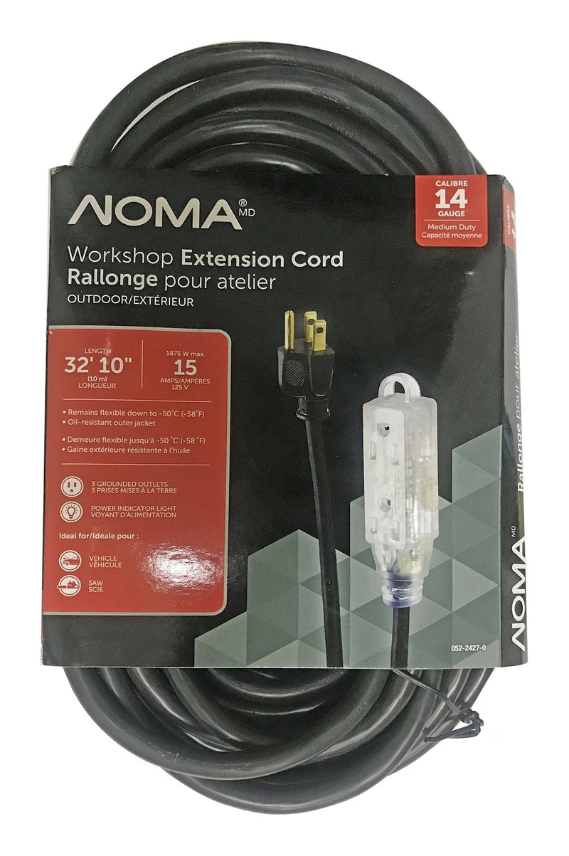 NOMA 32-ft 10-in 14/3 Outdoor Extension Cord with 3 Grounded Outlets and Lighted End, Black Y5