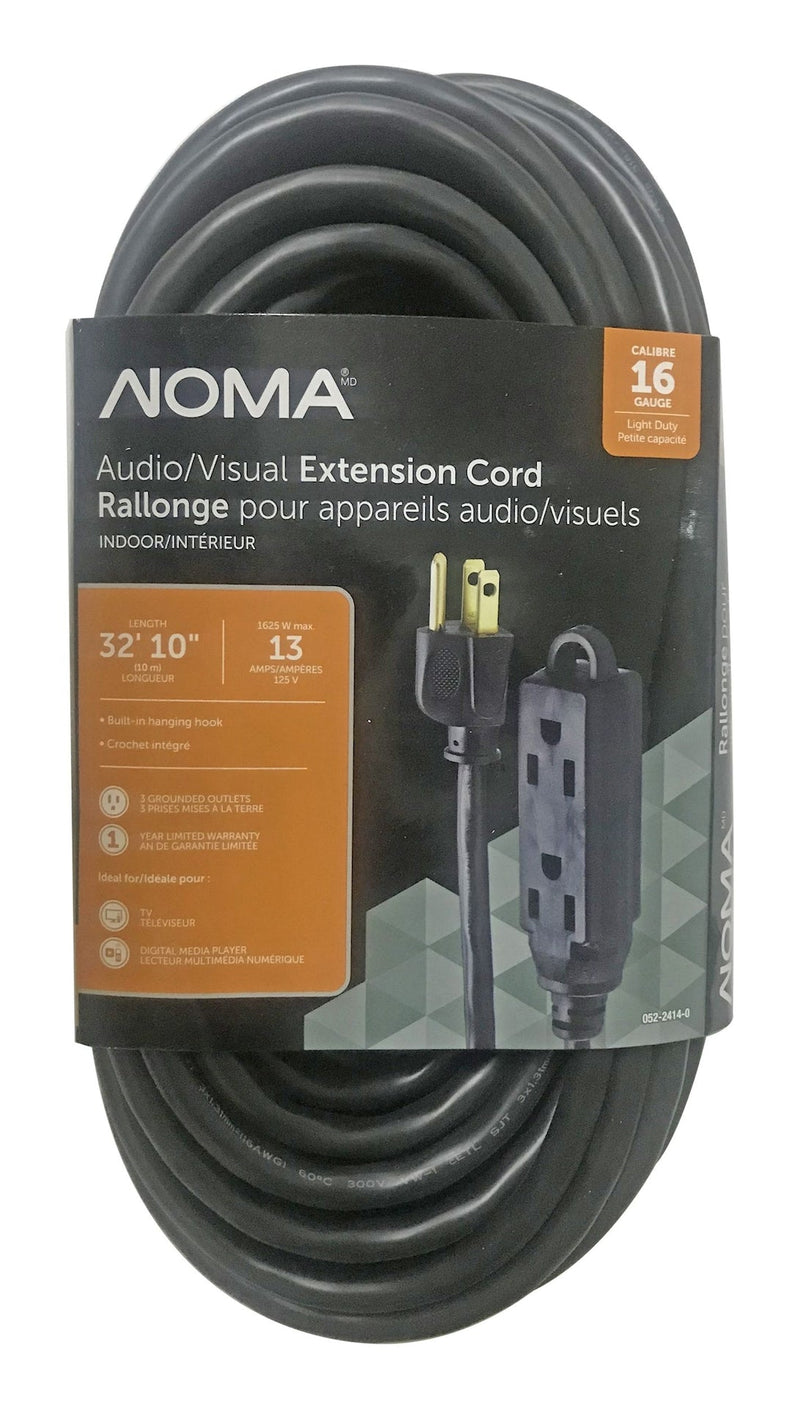 NOMA 32-ft 10-in 16/3 Light Duty Extension Cord with 3 Grounded Outlets. Audio / Visual, Black U1