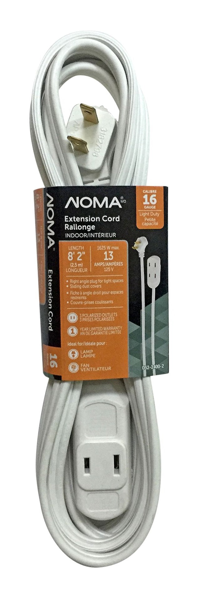 NOMA 8-ft 2-in 16/2 Extension Cord, Flat plug, 3 Outlets, White X5