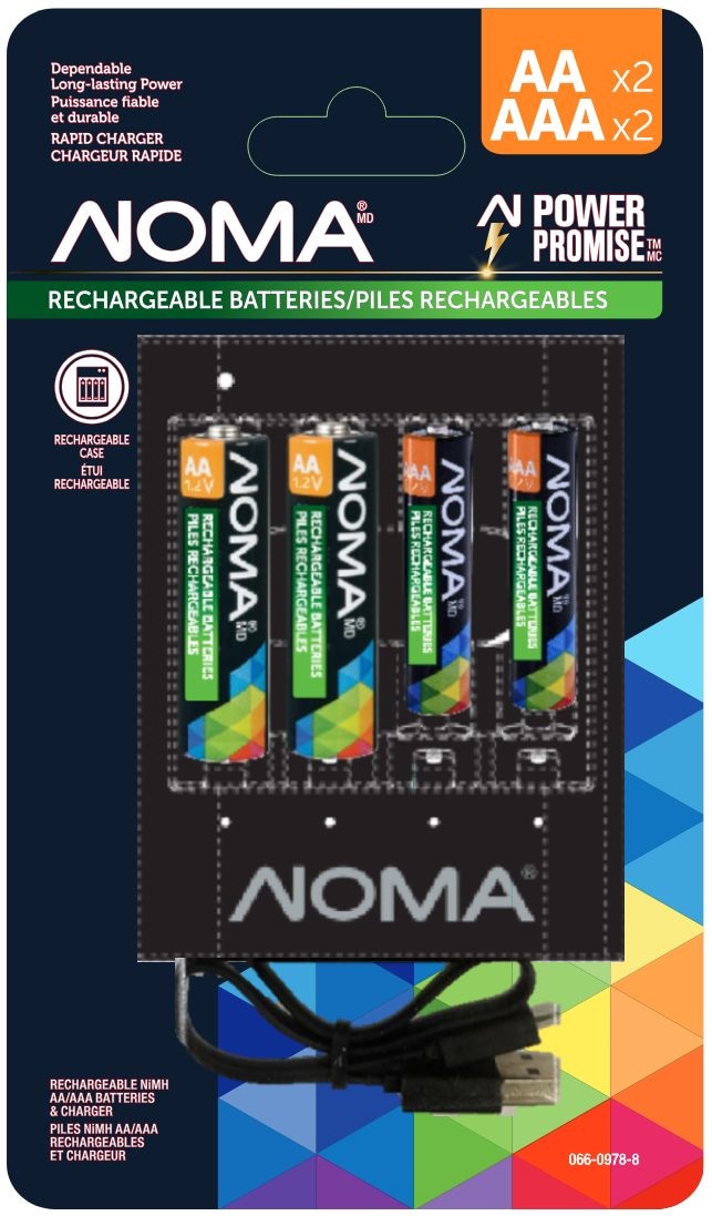 Noma AA+AAA Ni-MH Rechargeable Batteries and Charger, 2-pk Y3