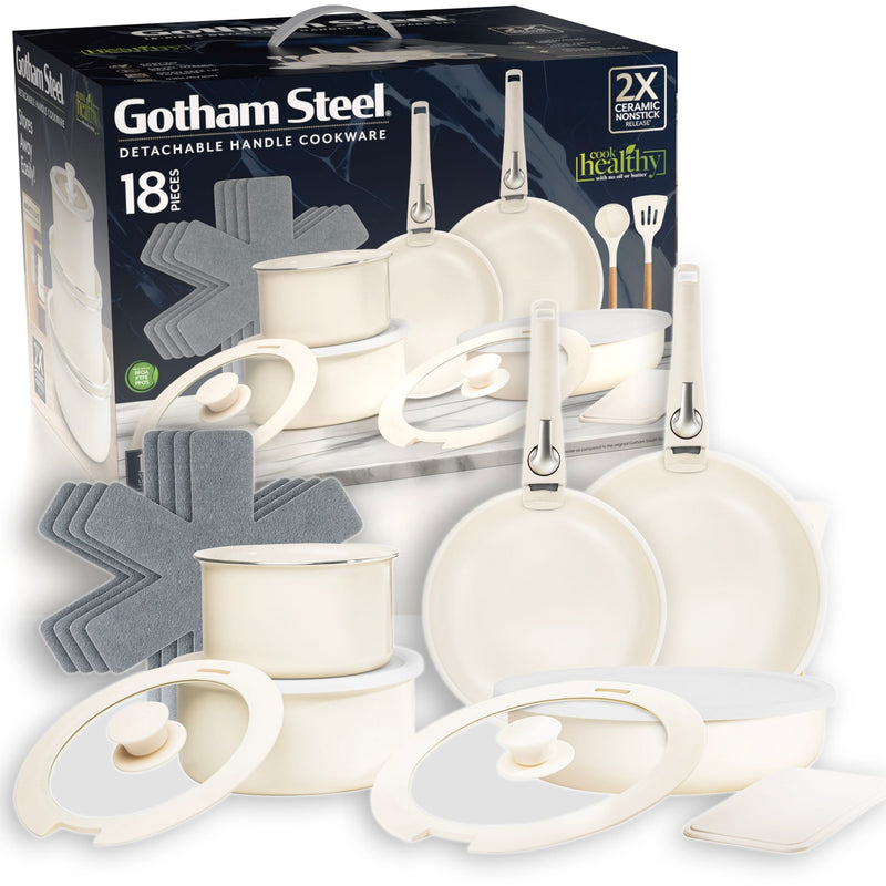 OB Gotham Steel Pots & Pan Set with Removable Handles, Cream, 18-pc W6