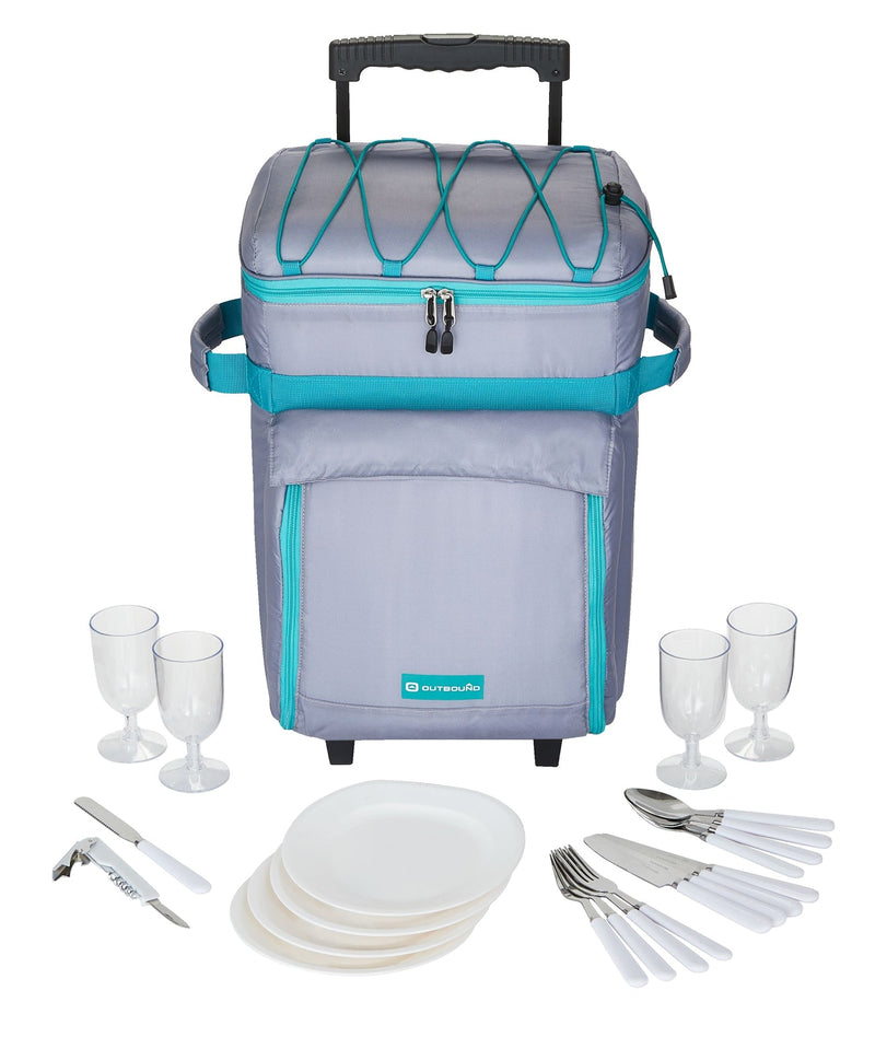 Outbound Wheeled Picnic Cooler with 21-Piece Cutlery/Plate Set, 18-Can T7