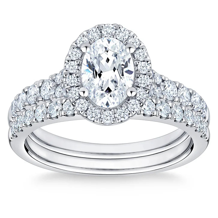 Oval Cut and Round Brilliant Diamond Halo Wedding Set (1.85 ctw) G0