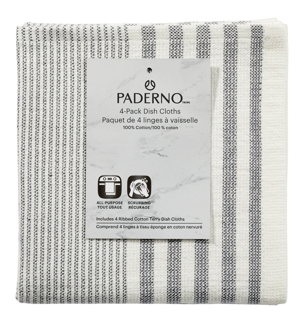 PADERNO All-Purpose Striped Cotton Terry Square Dish Cloths, Grey, 4-pk