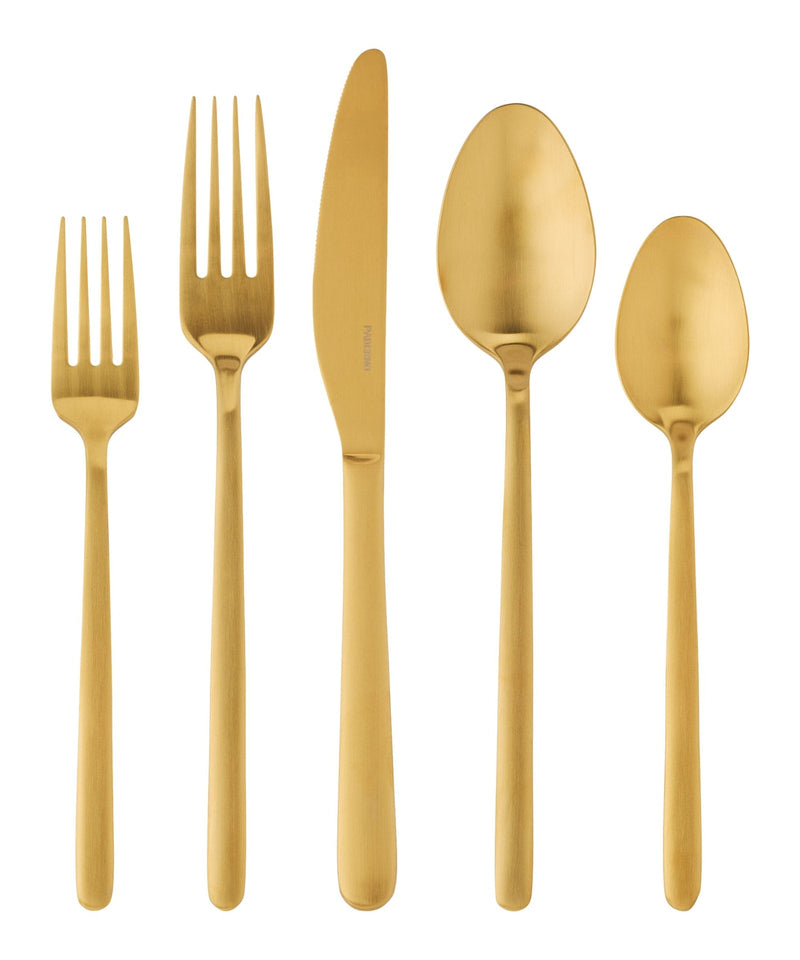 PADERNO Chelsey Satin Gold Finish Slim Round Stainless Steel Flatware Set, Serves 4, 20-pc R3
