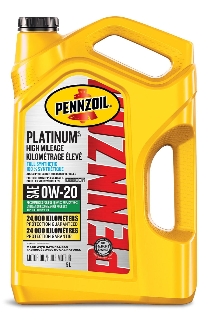 Pennzoil Platinum High Mileage 0W20 Synthetic Engine/Motor Oil, 5-L I2