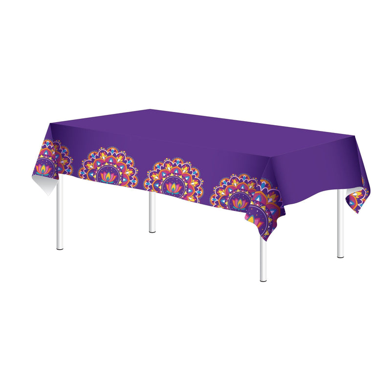 Rangoli Patterned Rectangle Plastic Reusable Table Cover, Multi-Coloured, 51x87-in, for Diwali Z0