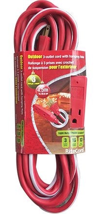 Ritecord 14-ft 7-in 16/3 Outdoor Extension Cord with 3 Grounded Outlets, Red/White/Green B4