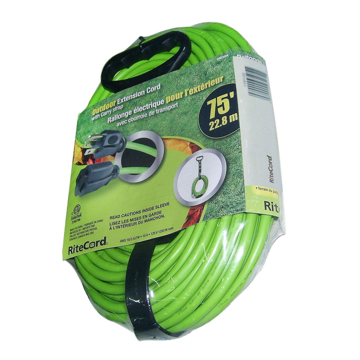 Ritecord 75-ft 16/3Outdoor Extension Cord with Locking Connector and Carry Strap, Lime Green