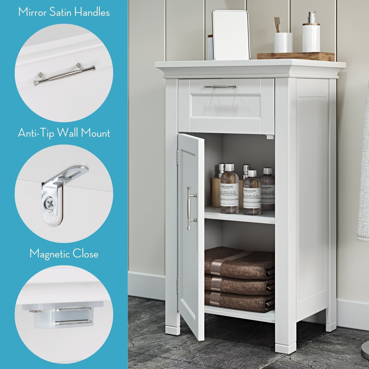 RiverRidge Home Somerset Single Door Bathroom & Laundry Storage Cabinet with Drawer & Adjustable Shelf, White