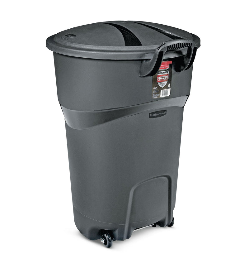 Rubbermaid Plastic Circular Wheeled Garbage Can with Handle, Black, 121-L E1