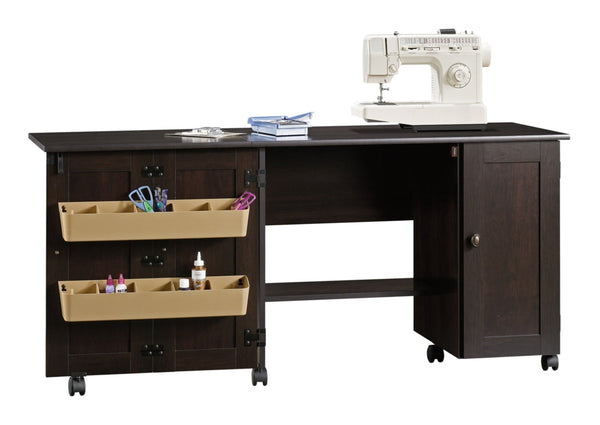 Sauder Folding Sewing & Craft Table/Storage Cart with Locking Wheels, Cinnamon Cherry Finish Y7