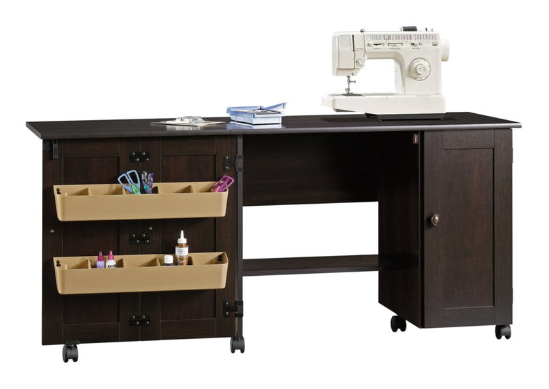 Sauder Folding Sewing & Craft Table/Storage Cart with Locking Wheels, Cinnamon Cherry Finish A0