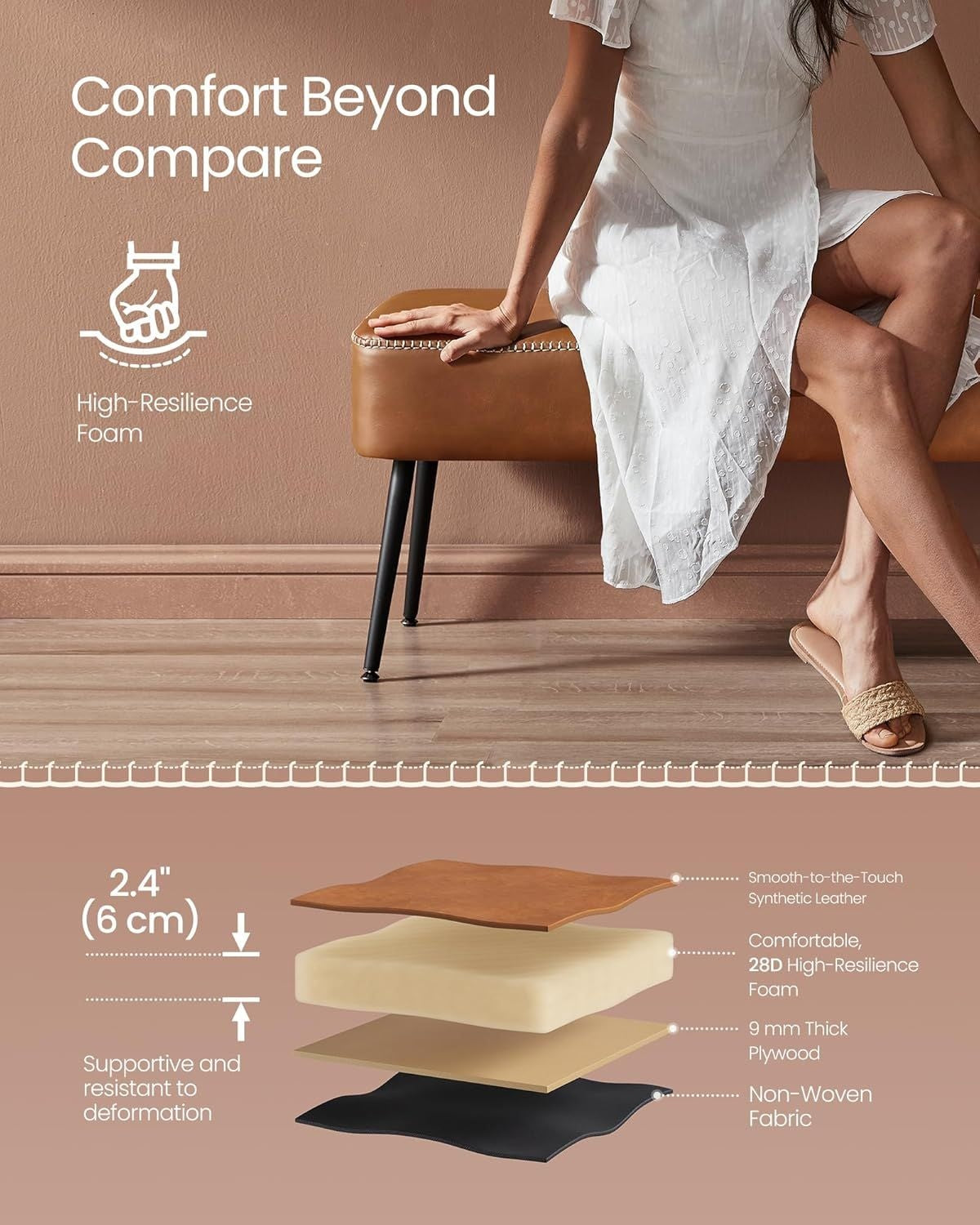 Songmics Home EKHO Collection Caramel Brown Synthetic Leather Bench