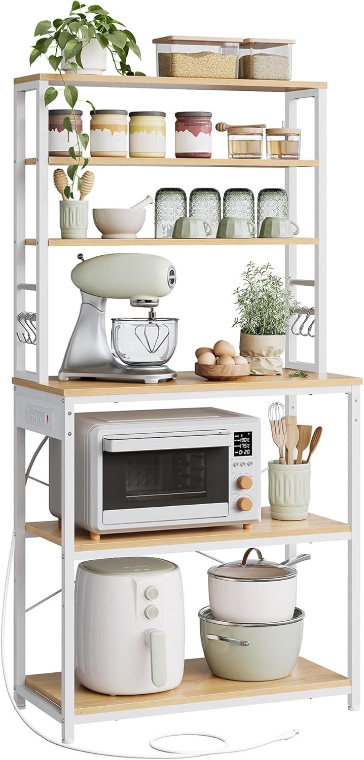 Songmics Home Oak/White Baker's Rack with 4 AC Outlets I5