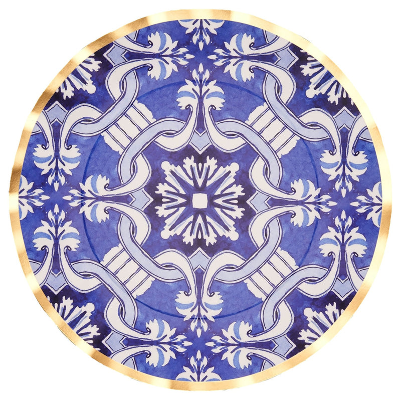 Sophistiplate Moroccan Nights Round Bordered Trimmed Paper Disposable Dinner Plates, Blue/Gold, Tile, 10-in, 8-pk, for Mother's Day/Easter J2