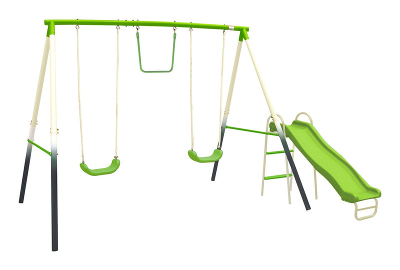 Sportspower Outdoor 4-Station Metal Swing Set Combo with 2 Swings, Trapeze & Slide, Ages 3+ C8