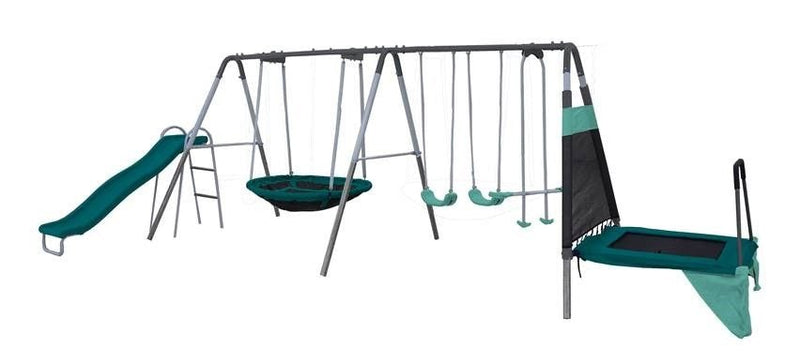 Sportspower Outdoor Ravine Metal Swing Set Combo, 2 Swings, Glider, Trampoline & Saucer V1