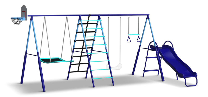 Sportspower Sunset Slam Kids' 7-Station LED Metal Swing Set Combo with Basketball Hoop & Slide I9