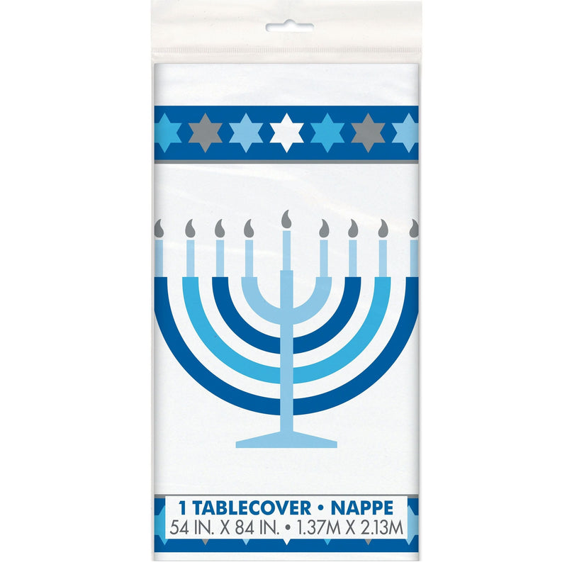 Starry Rectangle Plastic Reusable Table Cover, White/Blue, 54x108-in, for Hanukkah S4