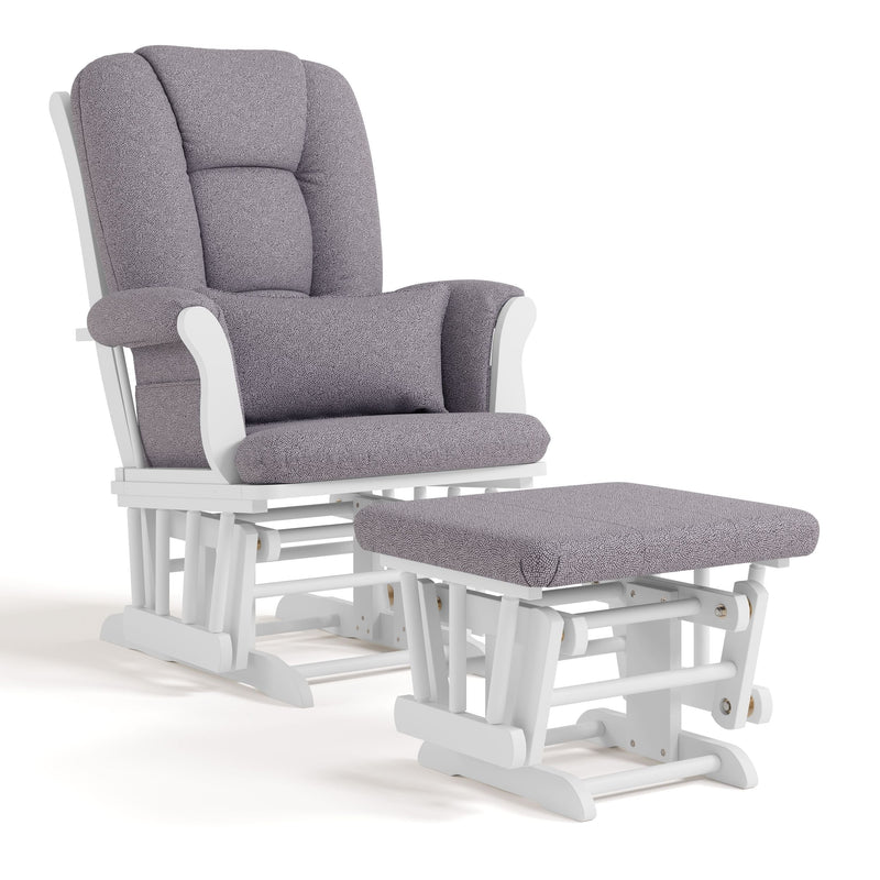 Storkcraft Tuscany Glider & Ottoman Set with Matching Lumbar Cushion, White with Grey Swirl B4