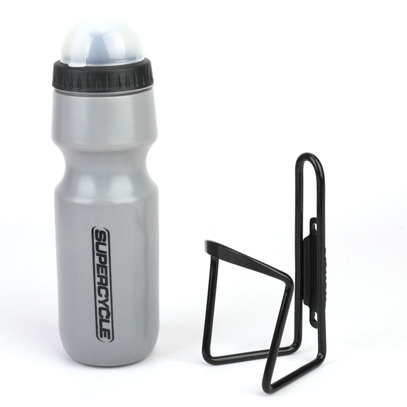 Supercycle Wide Mouth Self-Sealing Bike Water Bottle withCage/Holder, BPA Free, Silver, 21-oz L4