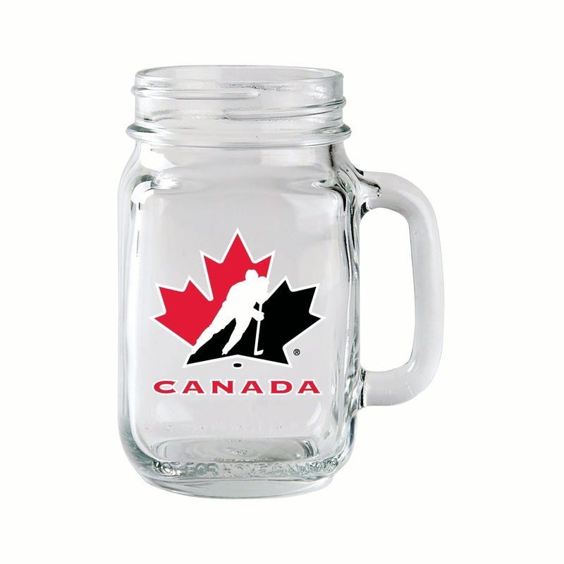 Team Canada/Hockey Canada Glass Mason Mug, Reusable Drinking Jar with Handle, Clear, 14-oz L3