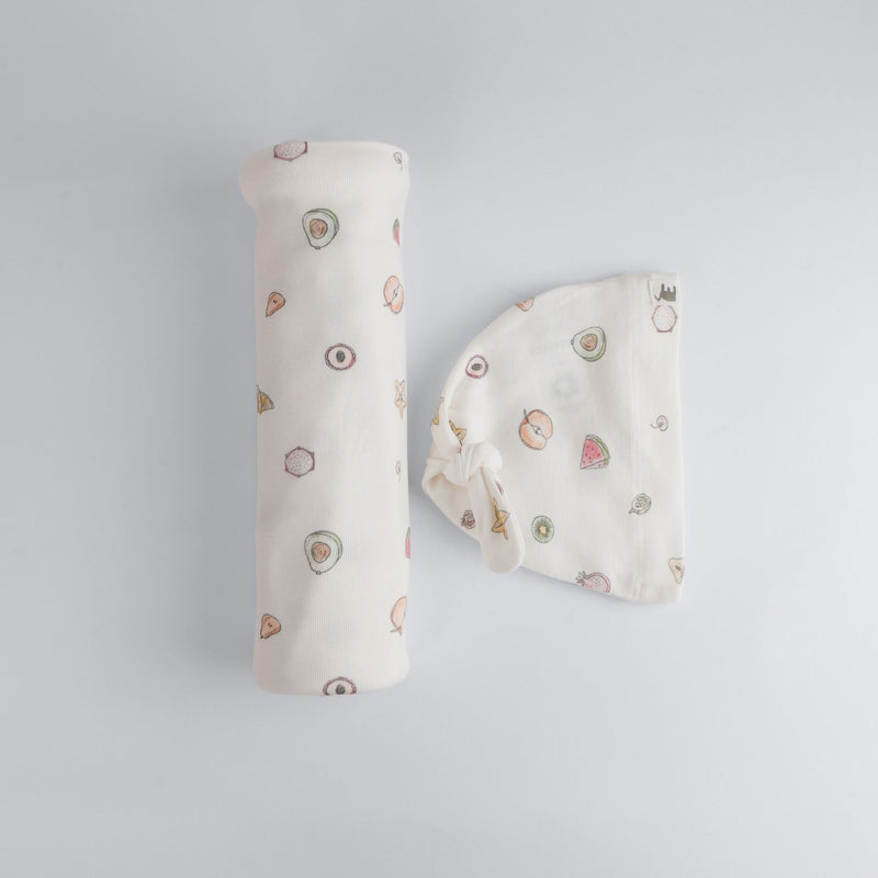 The Elk Baby Fruit Print Premium Organic Cotton Blanket and Beanie Set A6