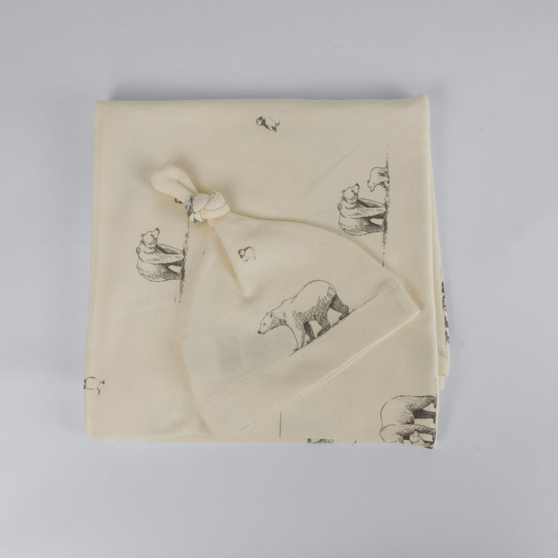 The Elk Baby Polar Bear Print Premium Organic Cotton Blanket and Beanie Set A4