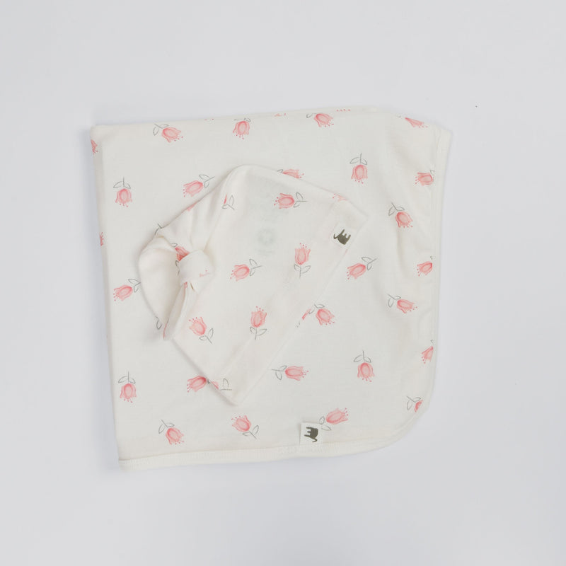 The Elk Baby Tulip Print Premium Organic Cotton Blanket and Beanie Set O4