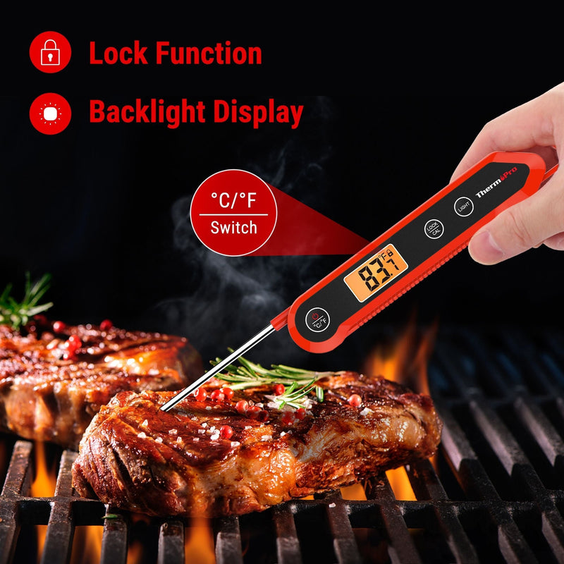 ThermoPro Waterproof Digital Instant-Read Folding Meat Thermometer with Swivel Probe, Black/Red D4