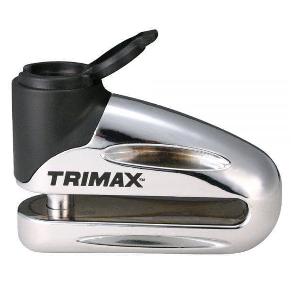 Trimax Hardened Metal Motorcycle Disc Lock with 10mm Pin, Chrome/Silver with Pouch & Cable F8