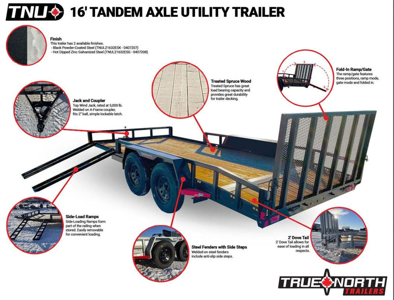 True North 83-in x 16-ft Tandem Axle Utility Trailer, Black W5