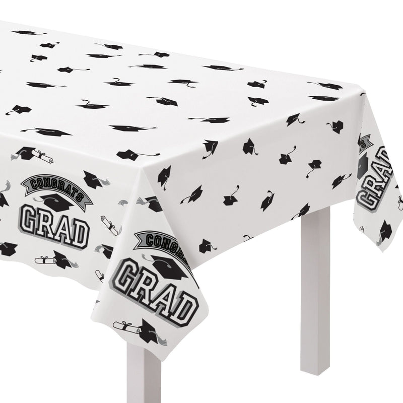 True to Your School "Congrats Grad" Rectangle Plastic Reusable Table Cover, Black/White, 54x84-in, for Graduation E2