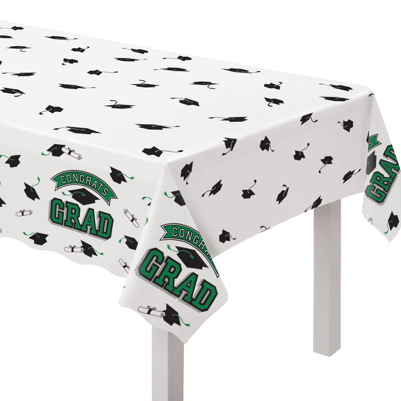 True to Your School "Congrats Grad" Rectangle Plastic Reusable Table Cover, Green, 54x84-in, for Graduation N1