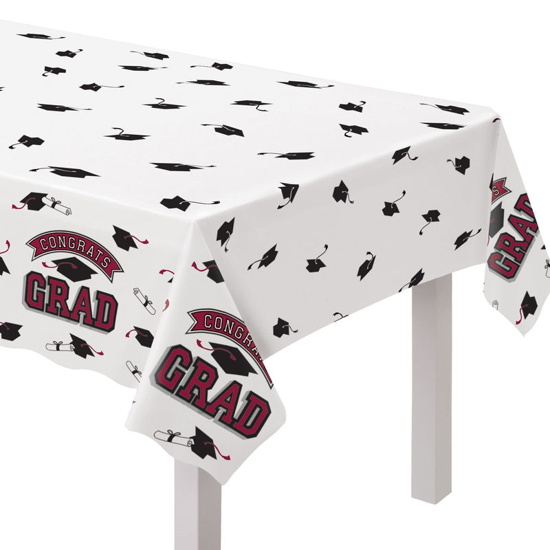 True to Your School "Congrats Grad" Rectangle Plastic Reusable Table Cover, Maroon, 54x84-in, for Graduation U3