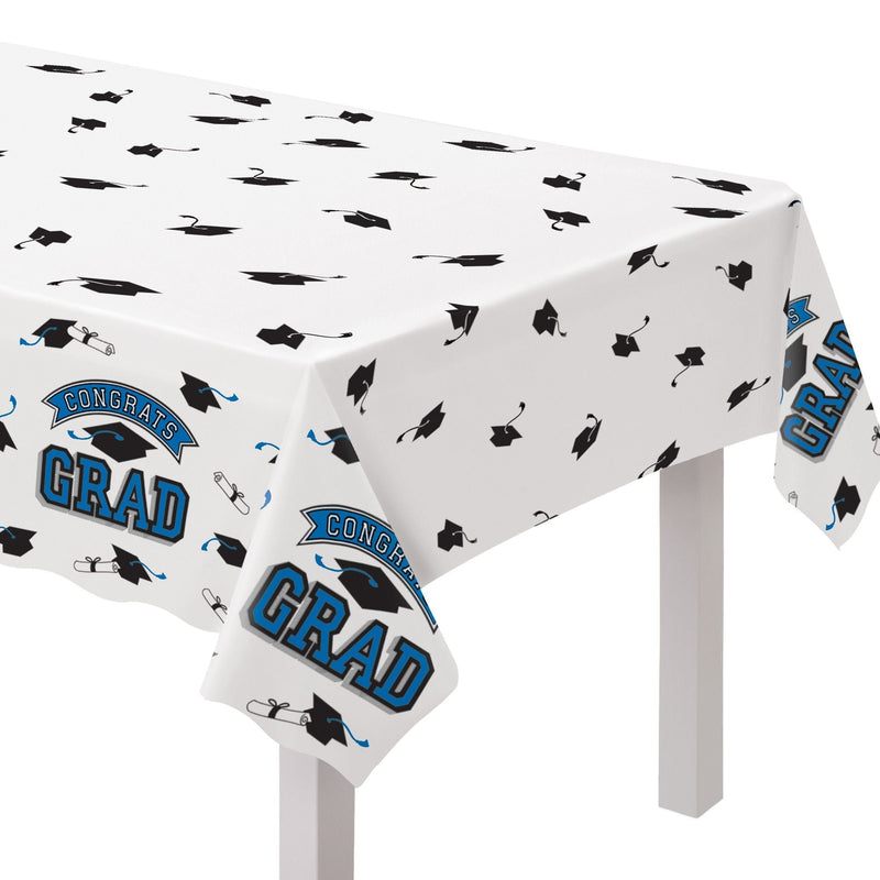 True to Your School "Congrats Grad" Rectangle Plastic Reusable Table Cover, Navy, 54x84-in, for Graduation E6