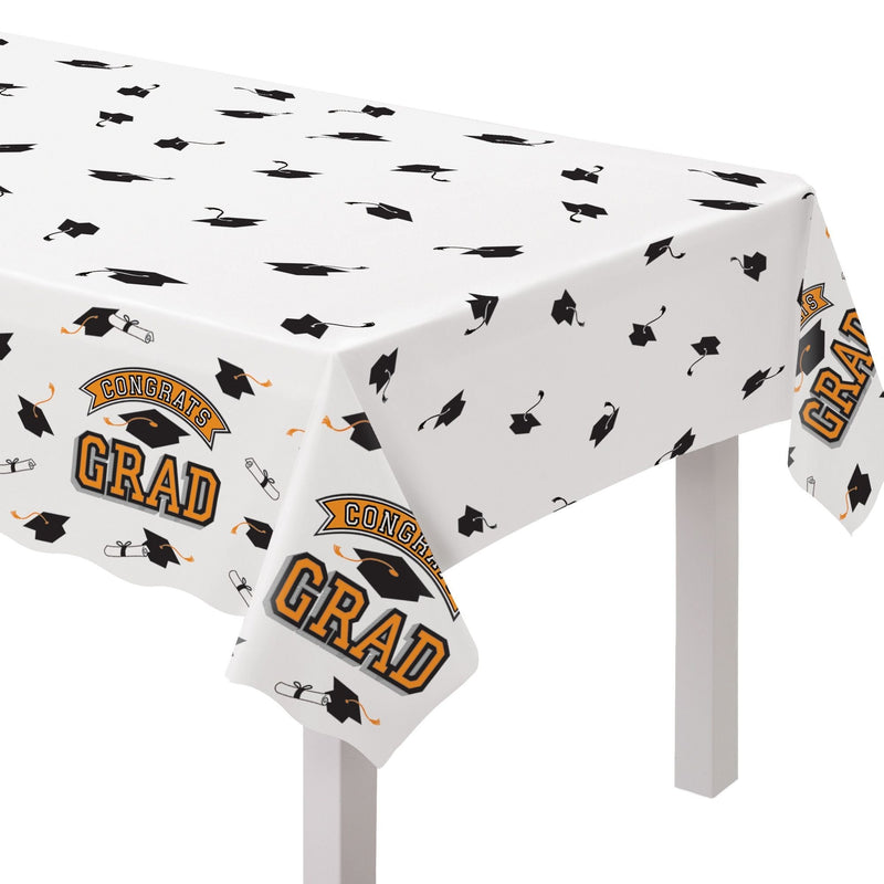 True to Your School "Congrats Grad" Rectangle Plastic Reusable Table Cover, Orange, 54x84-in, for Graduation B1