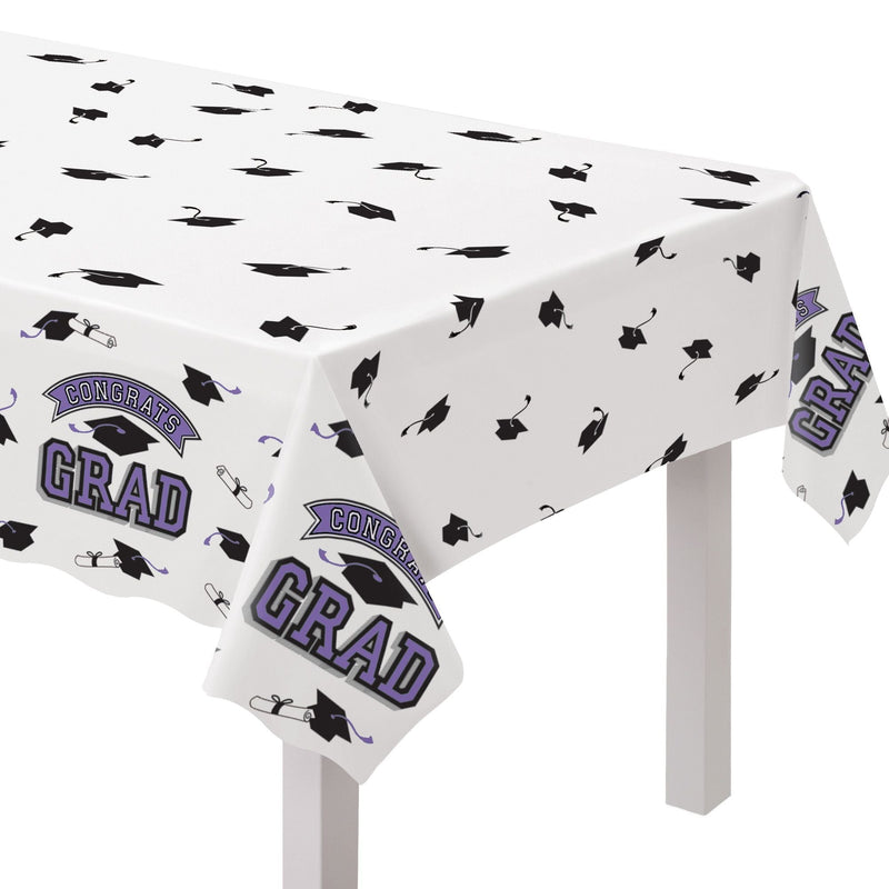 True to Your School "Congrats Grad" Rectangle Plastic Reusable Table Cover, Purple, 54x84-in, for Graduation U4