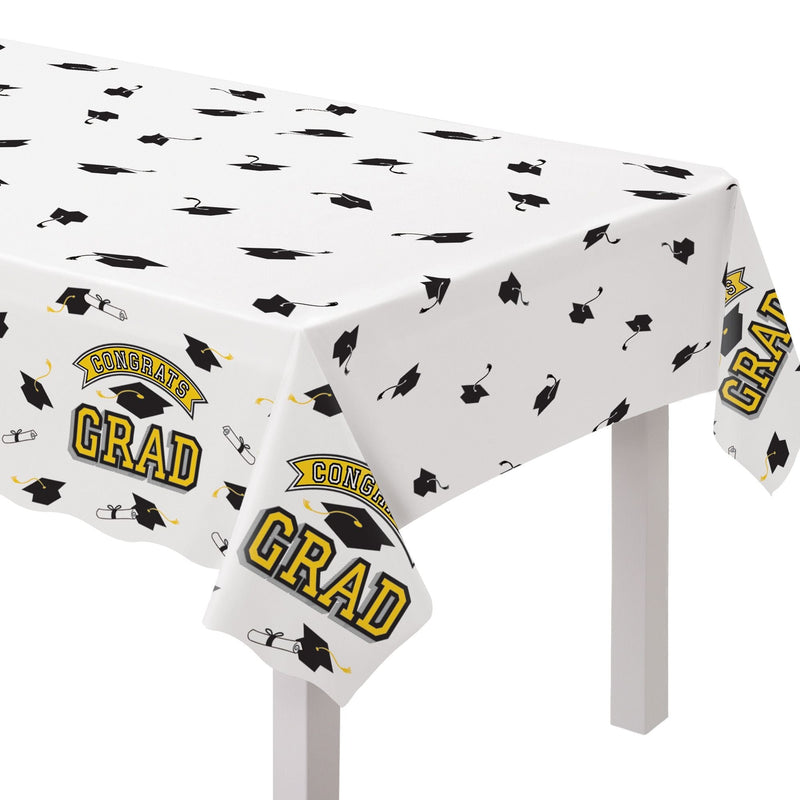 True to Your School "Congrats Grad" Rectangle Plastic Reusable Table Cover, Yellow, 54x84-in, for Graduation R2