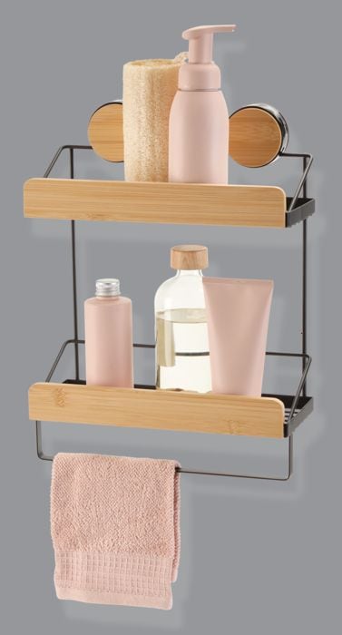 Type A Wall Mounted 2-Tier Shower Rack, Black/Bamboo P3