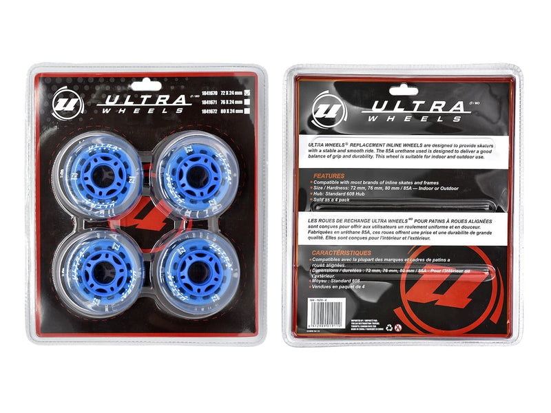 Ultra Wheels Inline Skates Replacement Wheels, Assorted Sizes, Blue, 4-pk X6