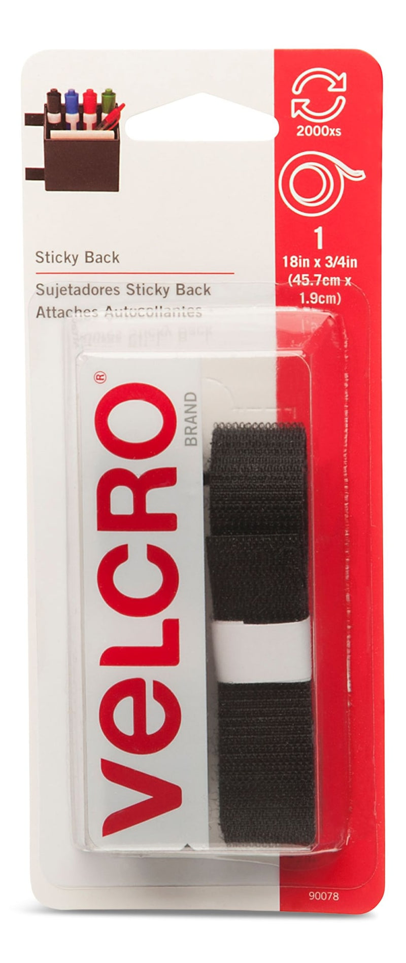 Velcro Adhesive General Purpose Sticky Back Tape, Black, 18 x 3/4-in, 1-pk E8