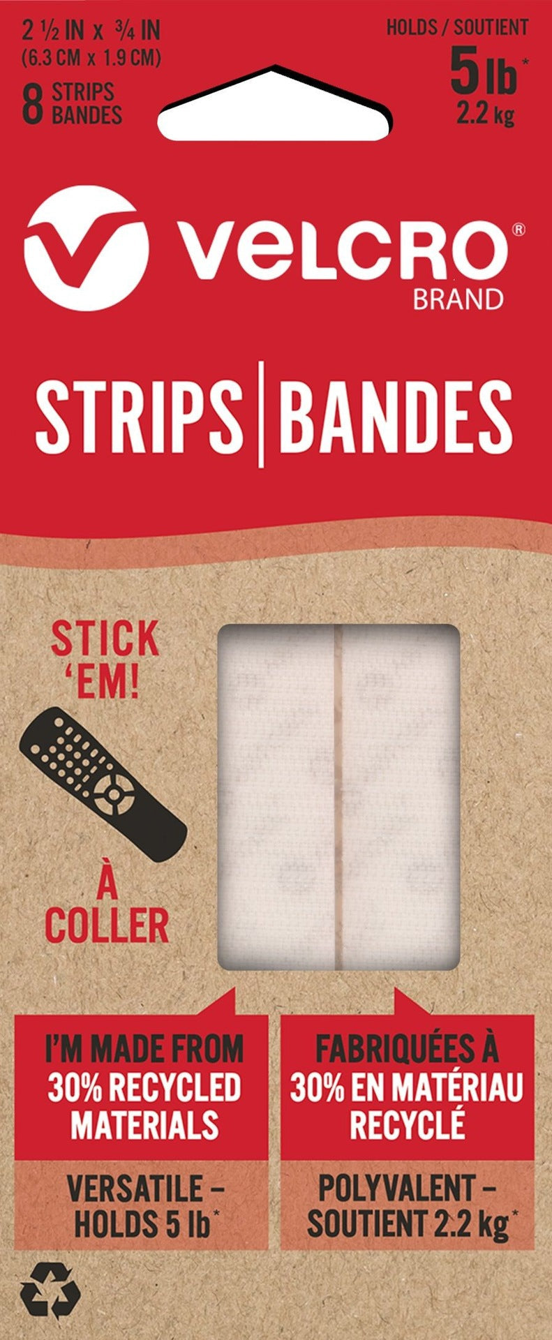 Velcro Durable Reusable Eco Strips, White, 5-lbs, 2.5 x 0.7-in, 8-pk U0