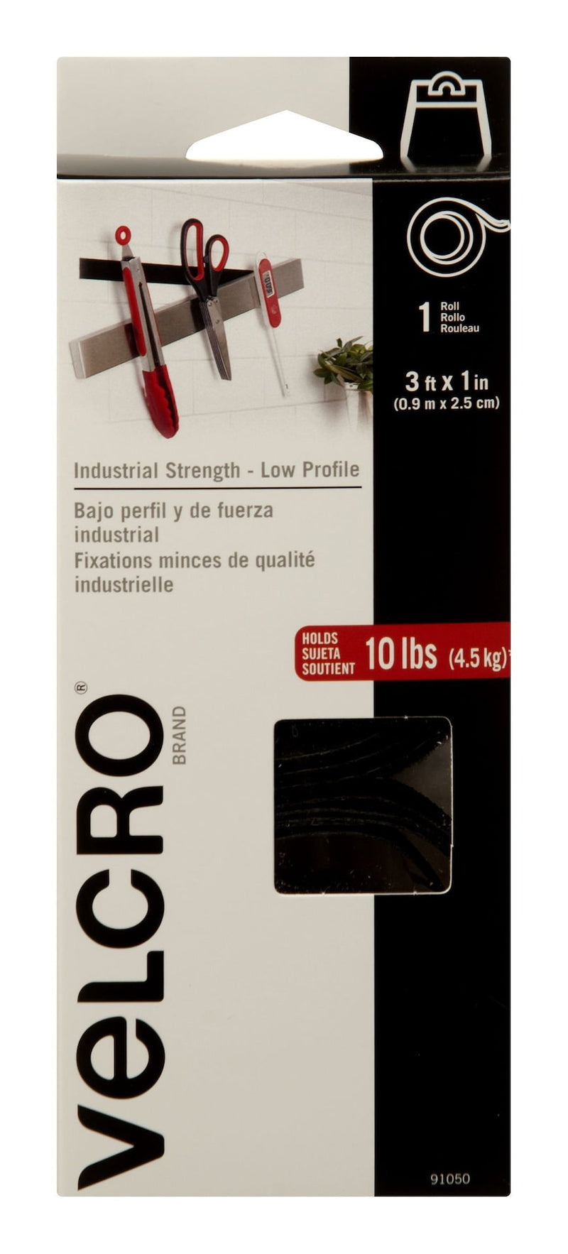 Velcro Industrial Strength Low Profile Heavy Duty Tape, Black, 10-lbs, 3-ft x 1-in, 1-pk B6