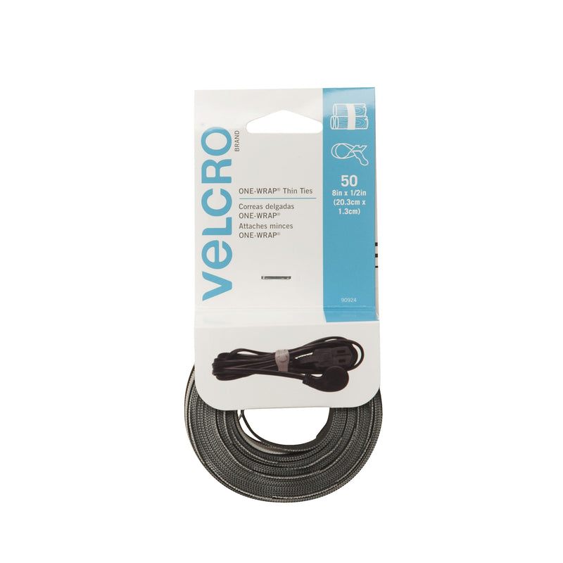 Velcro Reusable Thin Nylon Cable & Wire Ties, Black/Grey, 8 x 1/2-in, 50-pk D0