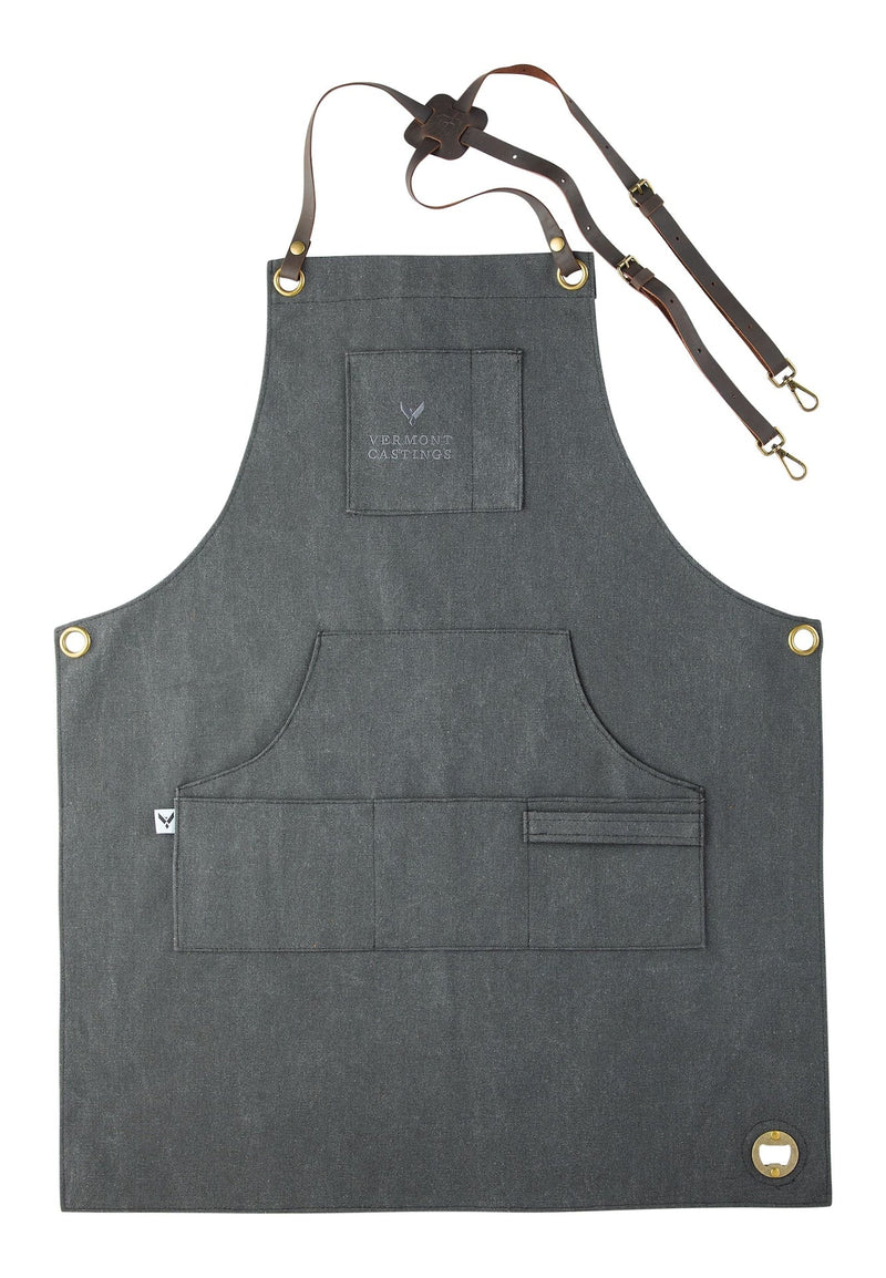 Vermont Castings Adjustable Canvas & Leather BBQ Grilling Apron with Pockets, Grey D3