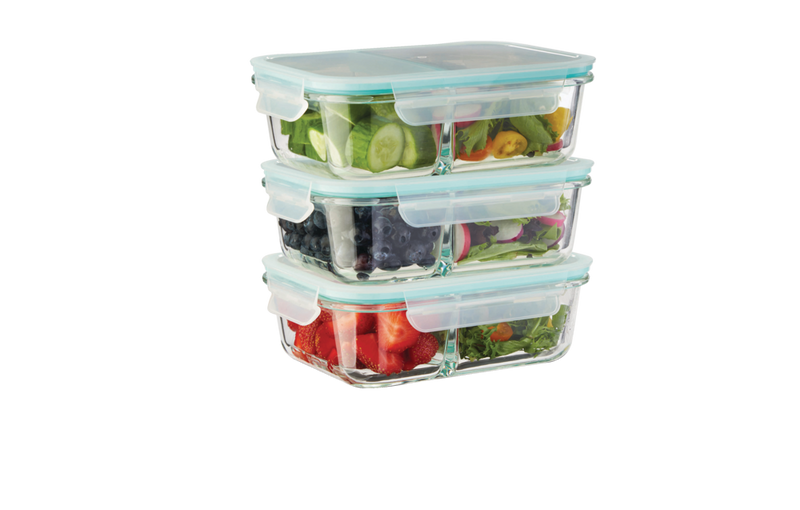Vida by PADERNO Glass Clip Food Storage Container Set with Compartments and Leakproof Lids, 3 Count W3