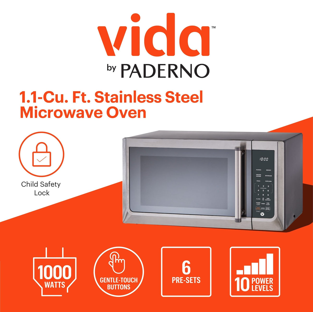 Vida Microwave, Stainless Steel, 1.1-cu-ft