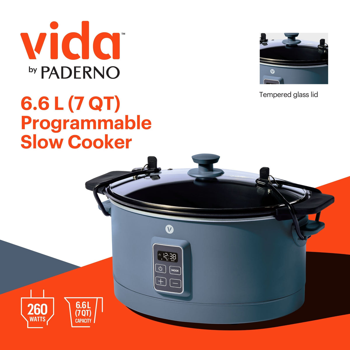 Vida Slow Cooker with Digital Control Panel, Bluefin, 6-qt